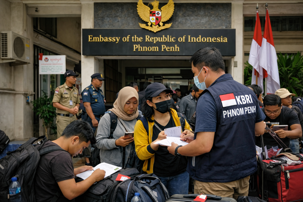 Warga Negara Indonesia melapor ke KBRI Phnom Penh untuk proses pemulangan setelah keluar dari sindikat penipuan daring di Kamboja.