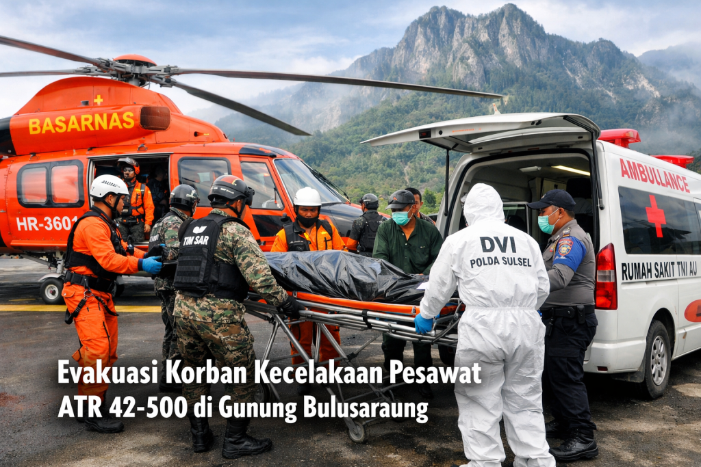 Evakuasi jenazah korban kecelakaan pesawat ATR 42-500 oleh Tim SAR dan Tim DVI di kawasan Gunung Bulusaraung, Sulawesi Selatan