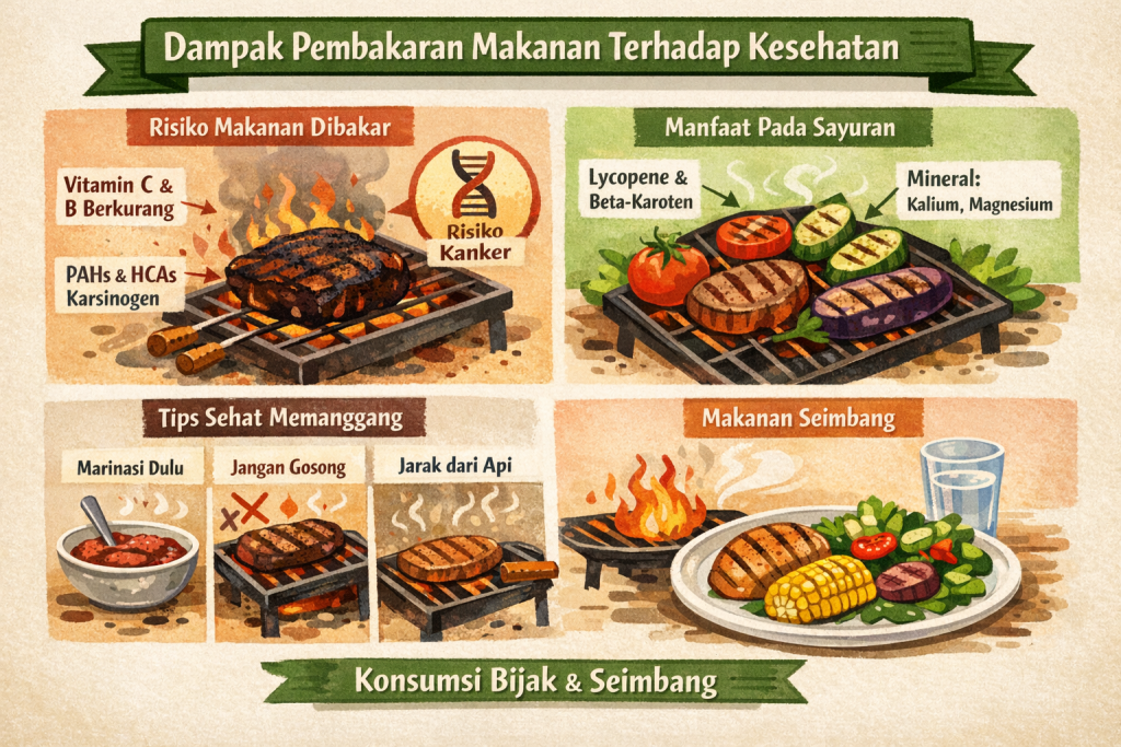 Ilustrasi dampak makanan bakaran terhadap kesehatan, menunjukkan risiko pembakaran daging dan manfaat pembakaran sayuran secara aman