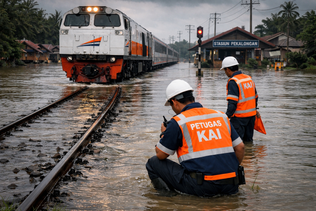 Petugas PT Kereta Api Indonesia memeriksa jalur rel yang tergenang banjir di Pantura Jawa Tengah akibat banjir Pekalongan