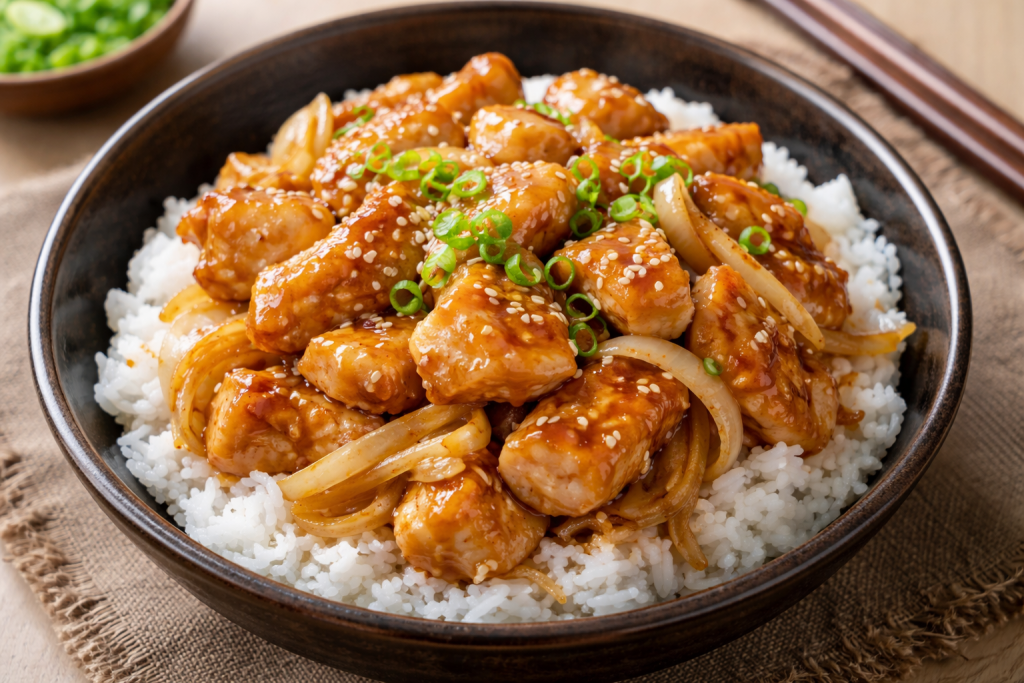Ayam teriyaki ala restoran Jepang dengan saus manis gurih disajikan di atas nasi putih hangat.