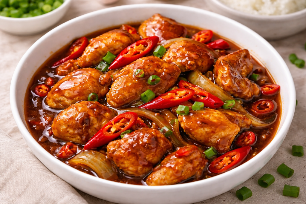 Ayam kecap pedas manis dengan bumbu meresap dan tampilan menggugah selera