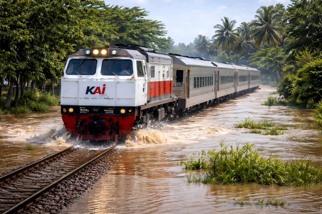 Kereta api melintas di jalur rel yang tergenang banjir di Kabupaten Pekalongan, Jawa Tengah, menyebabkan sejumlah perjalanan kereta api terhenti