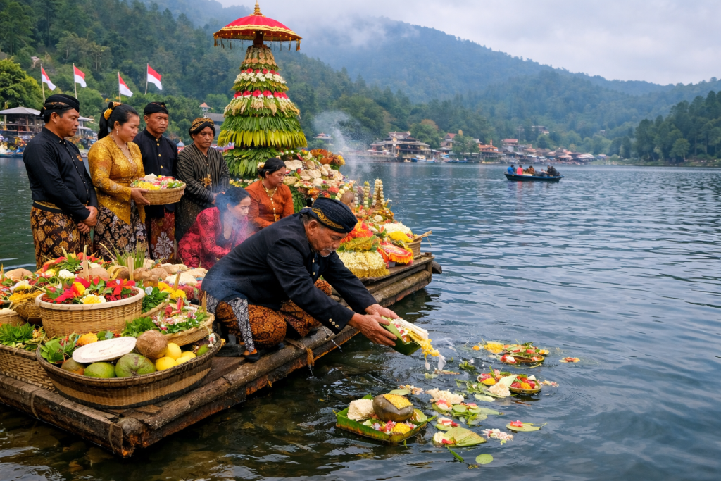 Tradisi Labuhan Sarangan di Telaga Sarangan, Magetan, sebagai ritual adat Warisan Budaya Takbenda yang mencerminkan kearifan lokal dan harmoni manusia dengan alam.