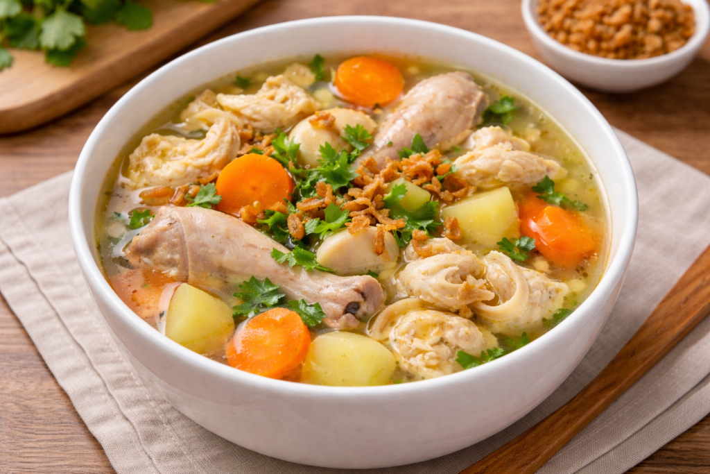 Sup ayam kembang tahu berkuah bening dengan potongan ayam, sayuran, dan taburan bawang goreng