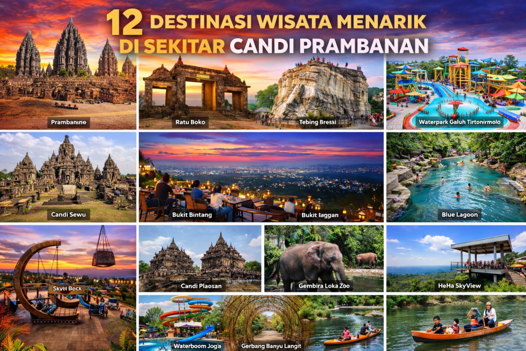 Ilustrasi berbagai destinasi wisata di sekitar Candi Prambanan