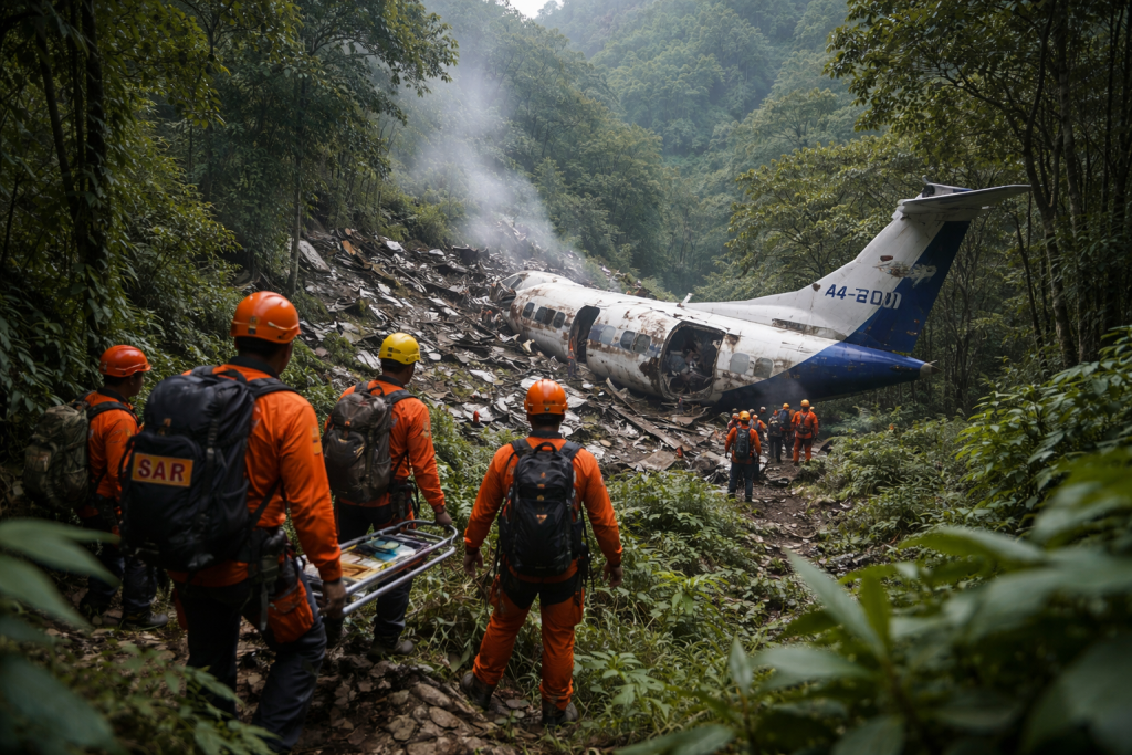 Ilustrasi tim SAR menemukan serpihan pesawat di lereng Gunung Bulusaraung dengan medan terjal dan hutan pegunungan Sulawesi Selatan