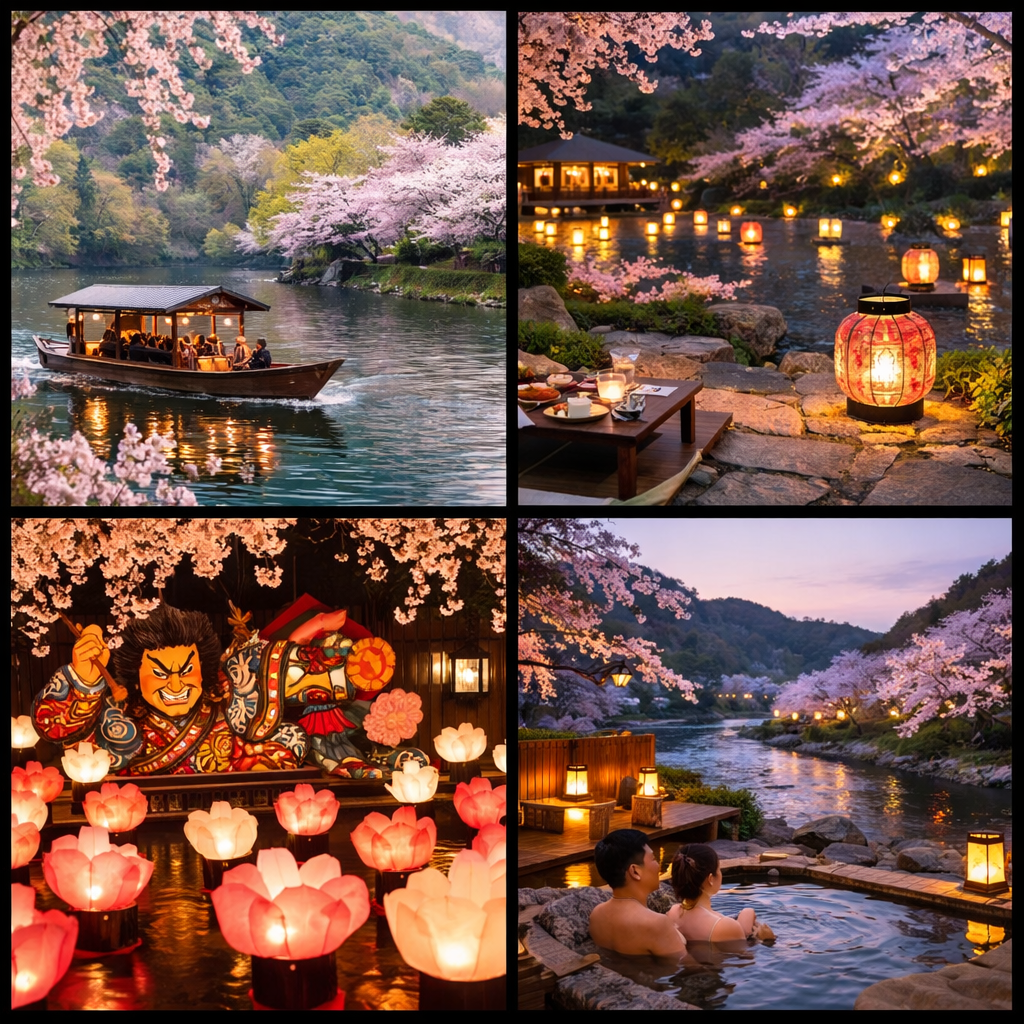Kolase hanami Jepang dengan sakura, lentera malam, festival, dan onsen.