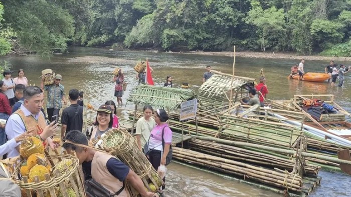 Prosesi Tradisi Maonjuan Sorah masyarakat Dayak dengan perahu membawa hasil bumi di Sungai Delang, Kabupaten Lamandau, Kalimantan Tengah.