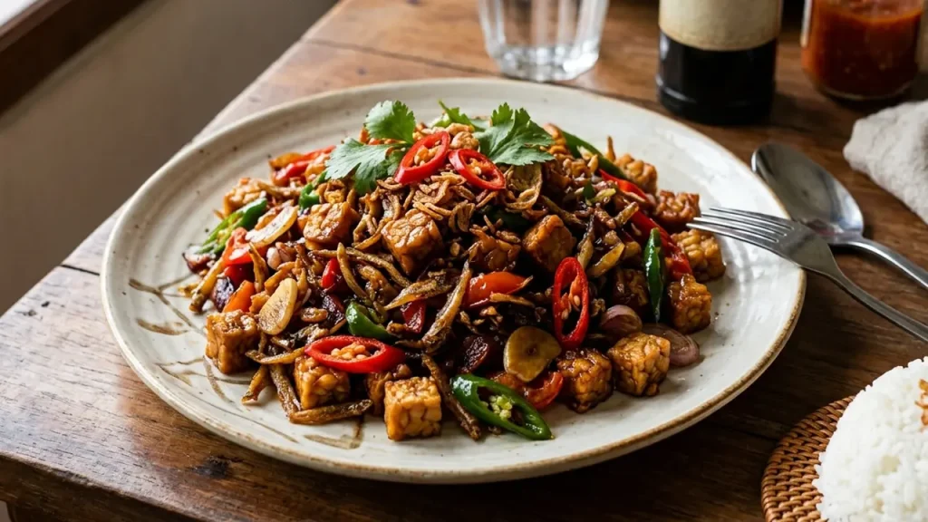 Tempe oseng teri pedas manis dengan bumbu gurih tersaji bersama nasi hangat.